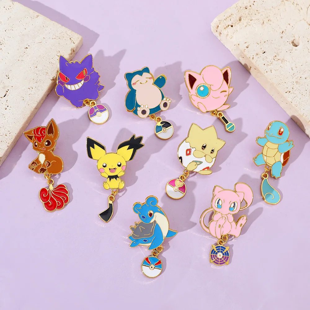 Pokemon Charm Pins Jigglypuff Gengar Vulpix Mew Lapras Pichu Squirtle Togepi Snorlax withTail and PokeBall Broches Fans Gifts view 4