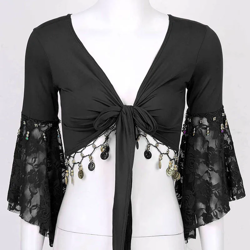 Mujer encaje Patchwork tres cuartos manga acampanada borla con cuentas con cordones chal Crop Tops cárdigan traje de danza del vientre indio