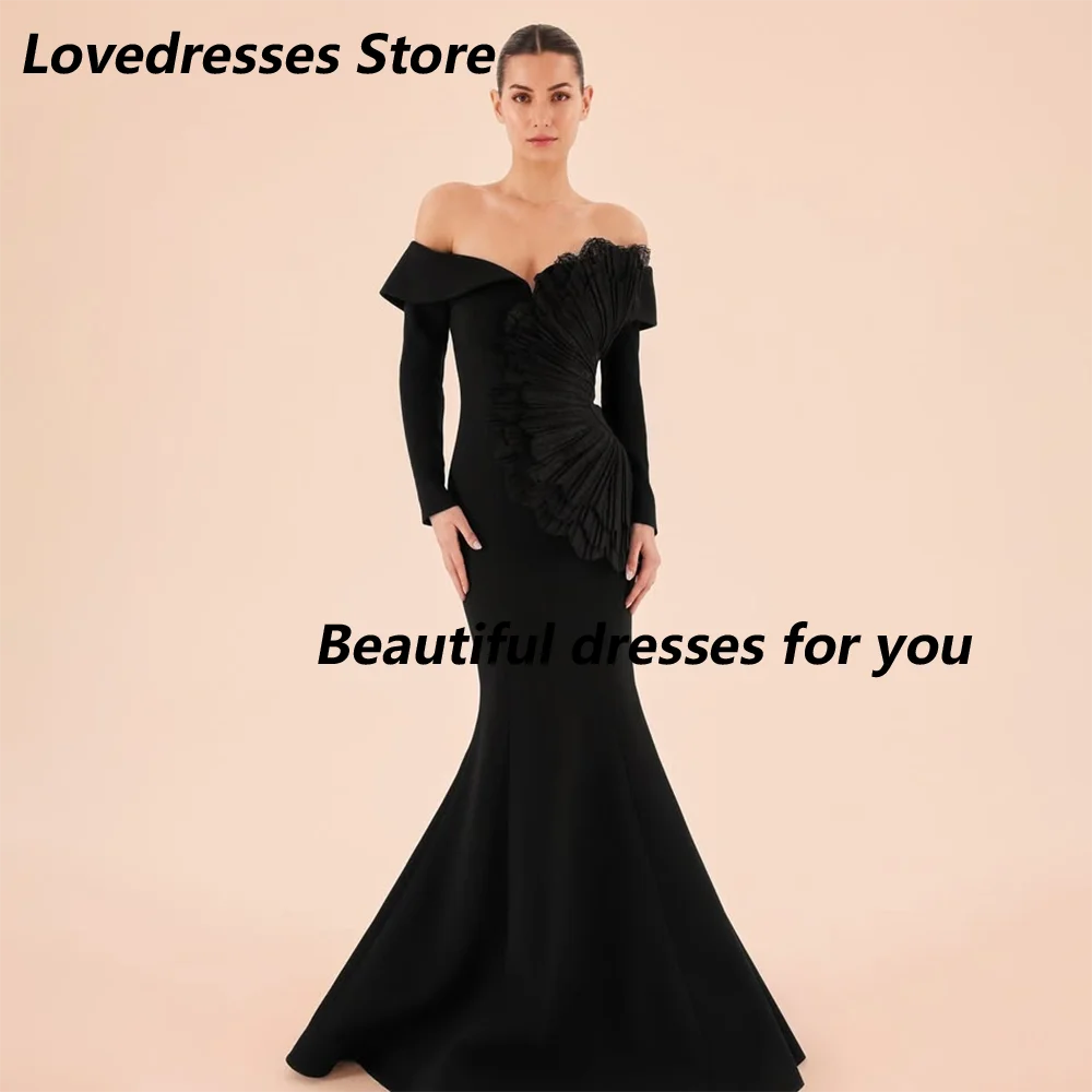 فستان سهرة أسود أنيق للنساء بدون أكتاف وأكمام طويلة فستان حفلات بطول الأرض حورية البحر فساتين الحفلات الرسمية حسب الطلب