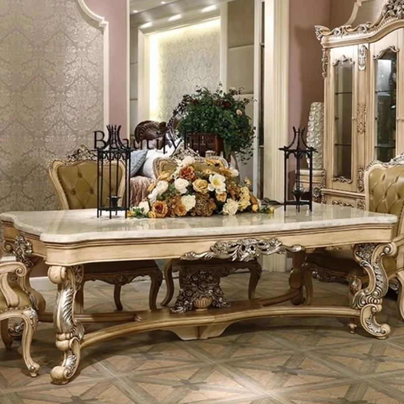

American antique white old all solid wood dining table and chair combination European style silver tracing old