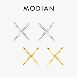 MODIAN 925 Sterling Silver X Lines Minimalist Female Stud Earrings Trendy Platinum Plated Punk Fine Jewelry For Women Earring