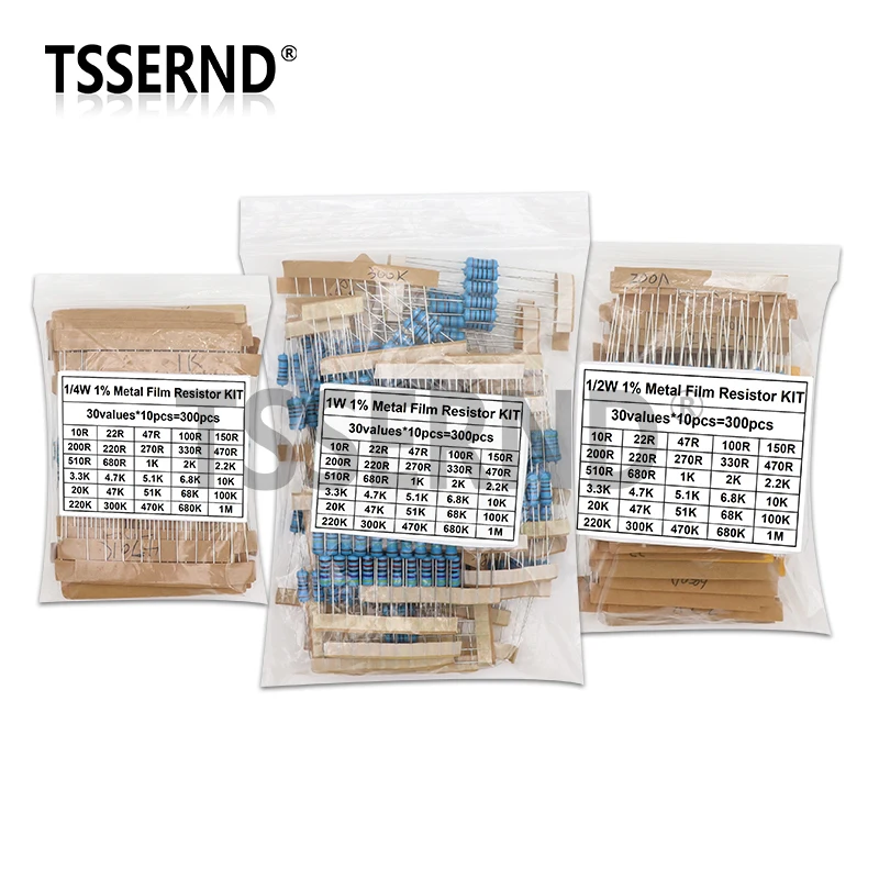 300PCS 1/4W 1/2W 1W 1% Metal Film Resistor Assortment Kit 10R -1M Ohm Resistance Set