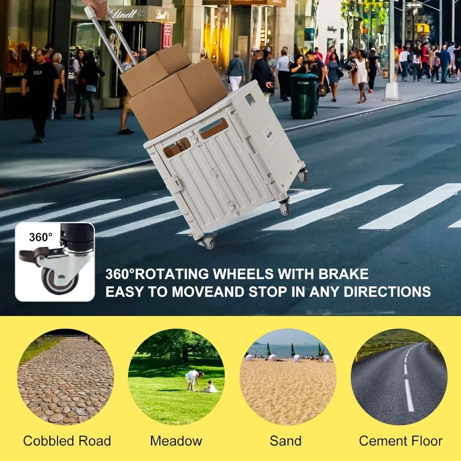 Foldable Utility Cart with Durable Heavy Duty Plastic Telescoping Handle and 4 Rotating Wheels for Portable Travel Shopping Lug