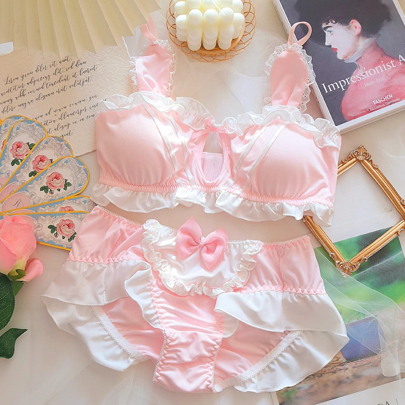 Pink Underwear Bra and Panty Set Sexy Lingerie Cute Small Breast Lolita  Push Up Lace Triangle Cup Thin Cup Girl Panties Bralette - AliExpress  200574005