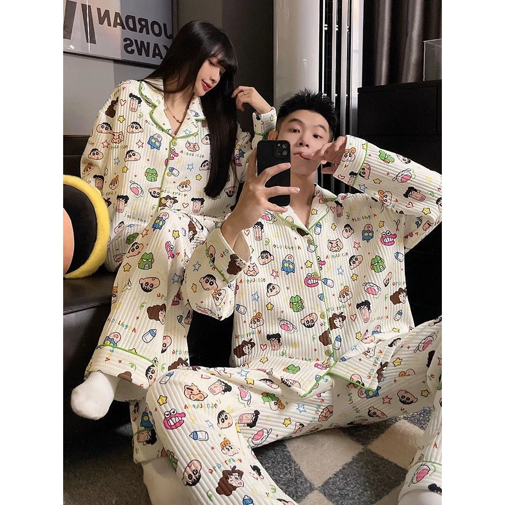 2026 Crayon Shin Chan Pajama Set Air Layer Cotton Lapel Long Sleeve Top Pants Anime Cartoon Print Thick Winter Home Loungewear