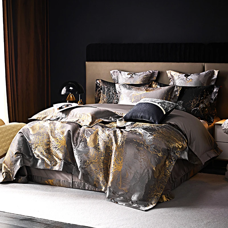Luxury Silver Gray gold Satin Jacquard Bedding Set 1000TC Egyptian Cotton Queen King Size Duvet Cover Set Bed Sheet Pillowcases