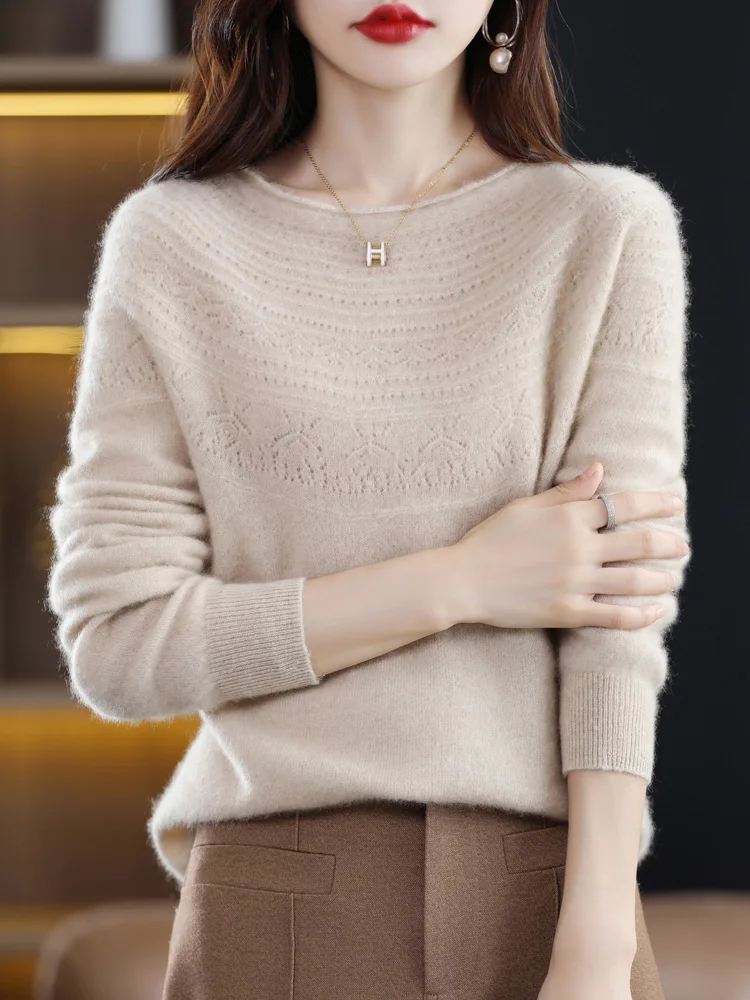 Hot Sale Slash Neck Classics Hollow Out 100% Cashmere Merino Wool Women Seamless Casual Loose Fit Sweater Pullover Clothing