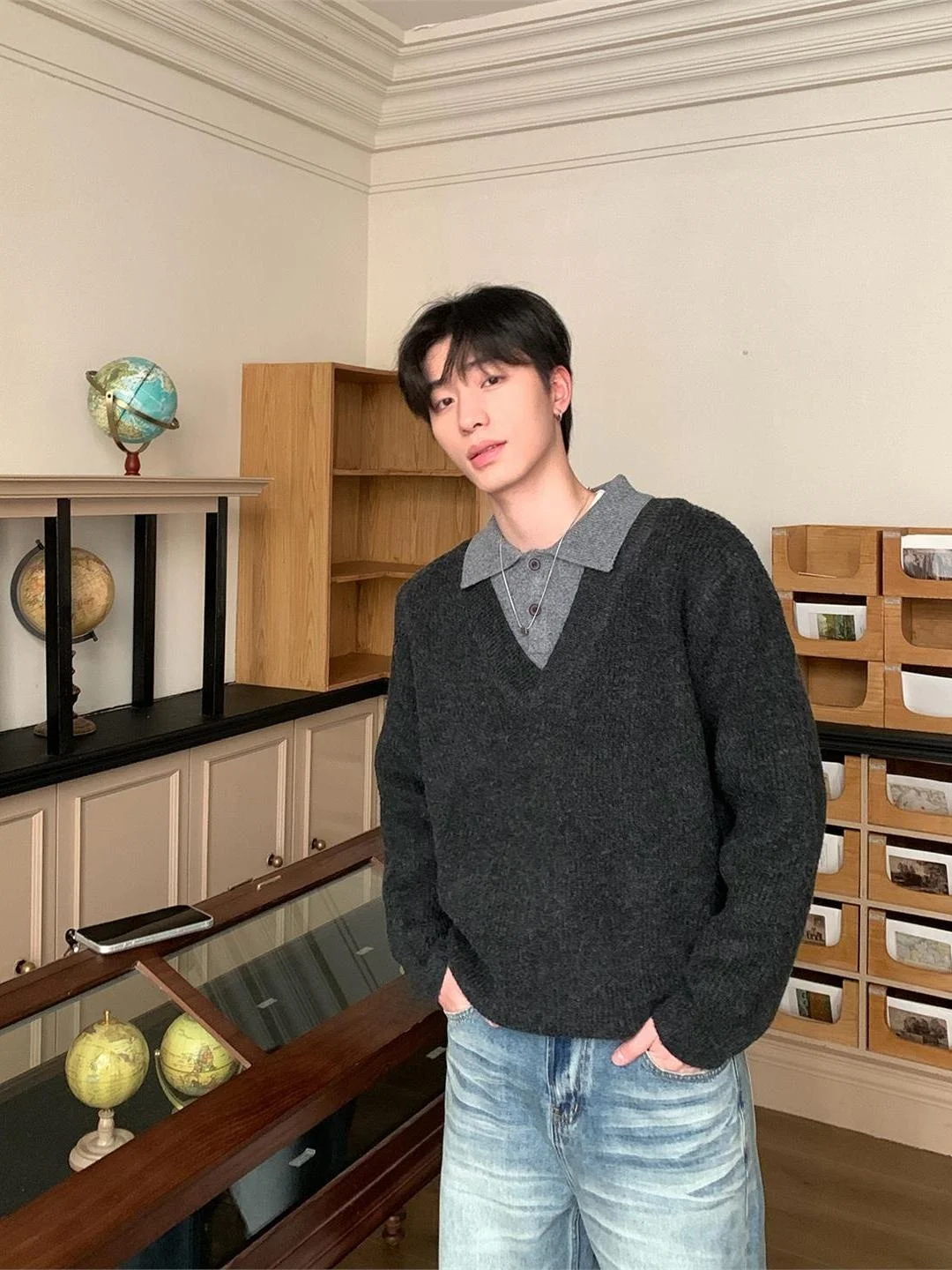 

Loose Fit Color Blo Collared Knitwear Men's Spring Autumn Faionable Korean Sle Knitted Sweater Casual Wear