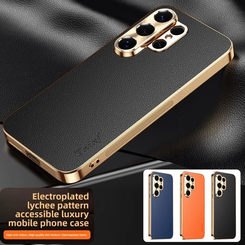 6D Plating Soft TPU Phone Bumper Case For Samsung S26 S25 Ultra 5G Lychee Leather Shockproof Cover For Galaxy S25 Edge S26 Plus