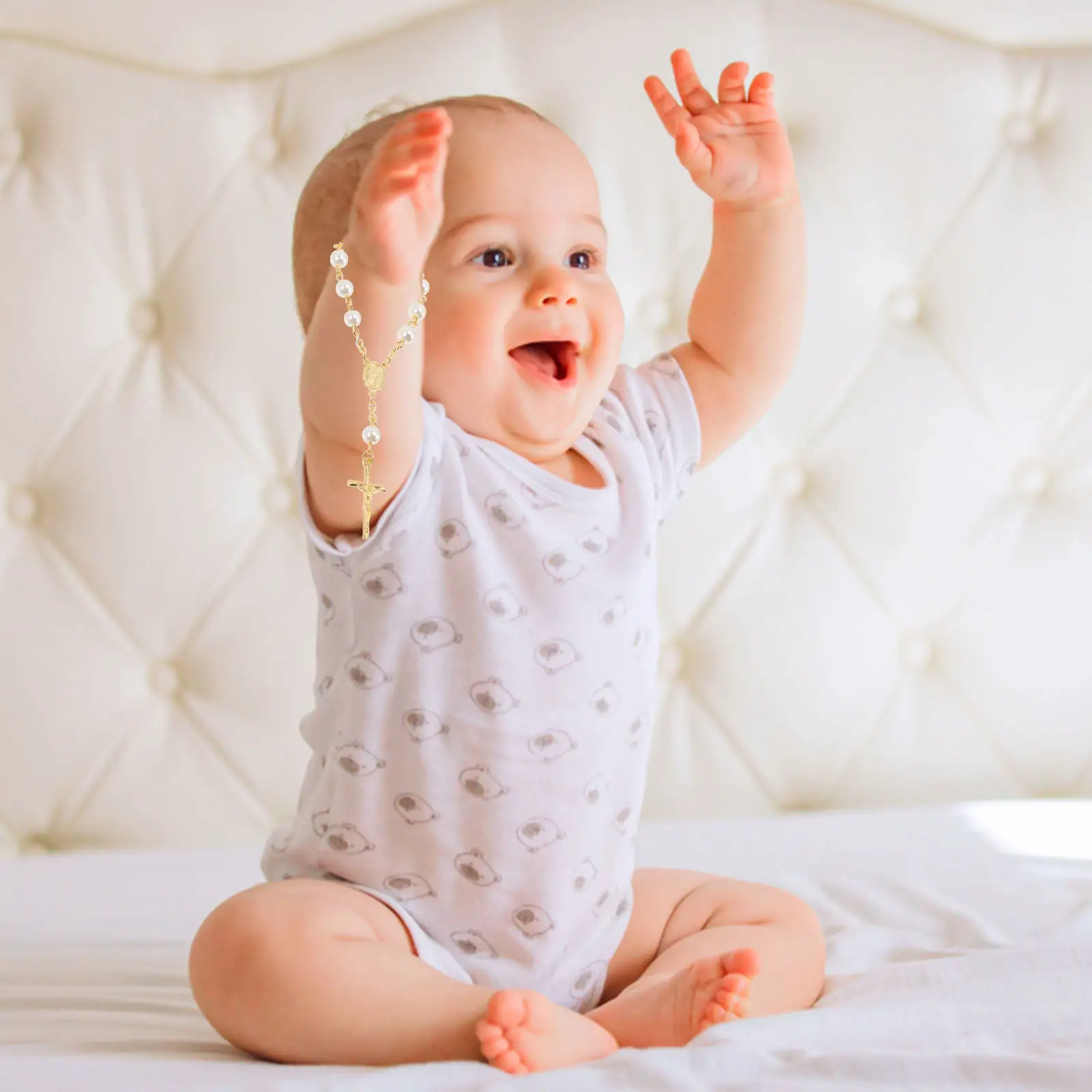 

3Pcs Glass Pearl Rosary Cross Bracelet Gold Plated Metal Lightweight Baptism Favors Rosary Bracelet Cross Wrist Chain