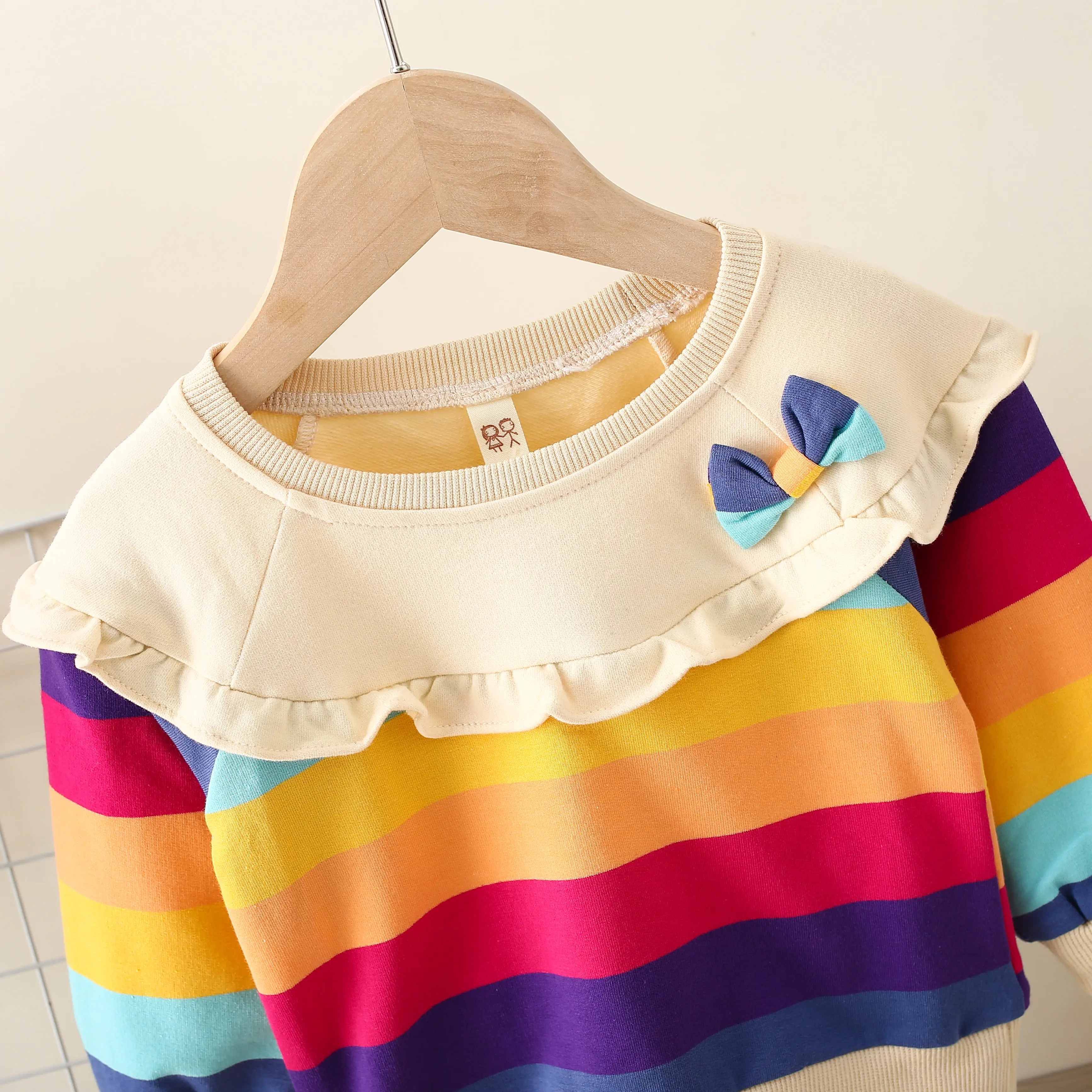 Summer New Baby Girls Dress Rainbow Lace Pleated Hoodie Long Sleeve Rainbow Striped Bow Sweet Casual Round Neck