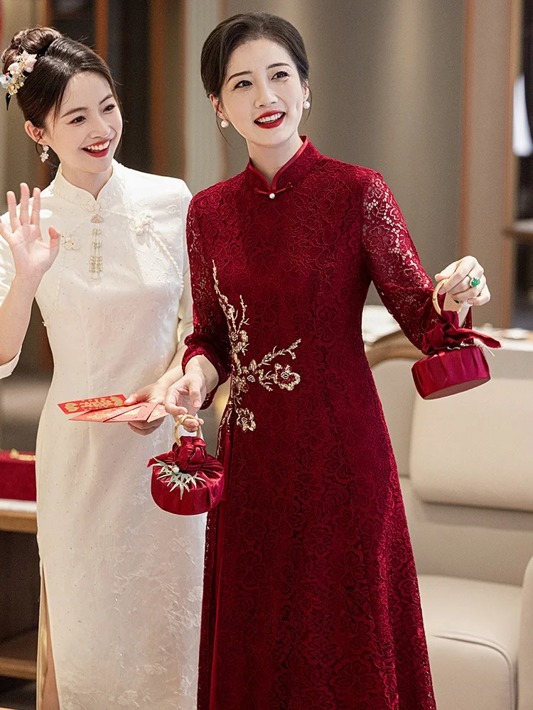 

Ele Wedding Dr Mom Materni Clothes Chinese Sle Qipao Low Slit Midi Dr Floral Pattern Polyester Fiber