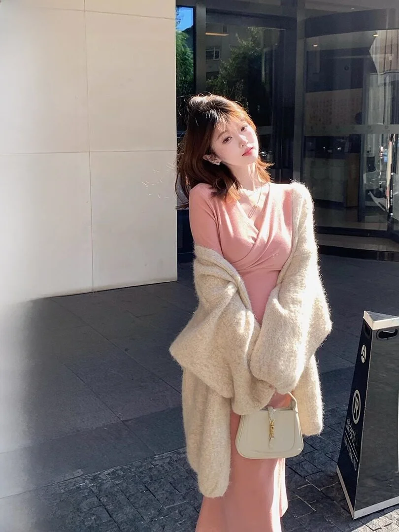 

Women's Loose Knitted Woolen Cardigan Soft Fce Feel Medium Length Lazy Sweater Jaet Commute Sle Long Sve Color