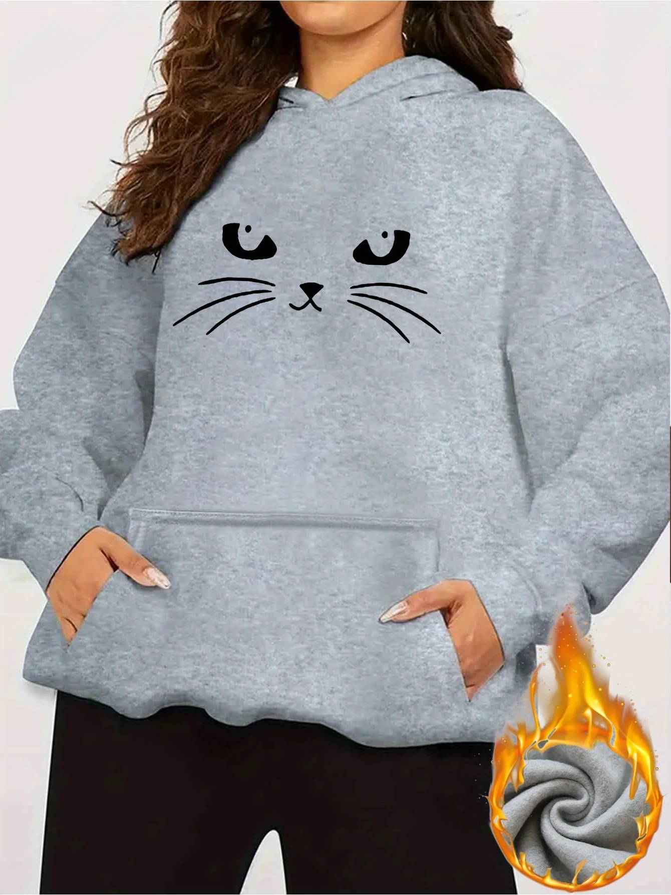 2025 가을 겨울 여성용 흰색 후드티 귀여운 고양이 얼굴 패턴 풀오버 편안한 일상 캐주얼 스트리트 패션 스웨트셔츠