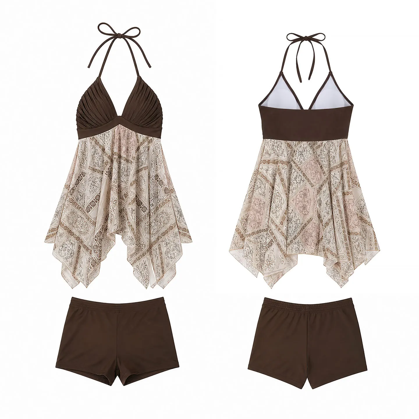 sexy coffee print patchwork halter vest bikinis sets two pieces irregular shorts swimsuits bathing suit swimwear biquini tankini