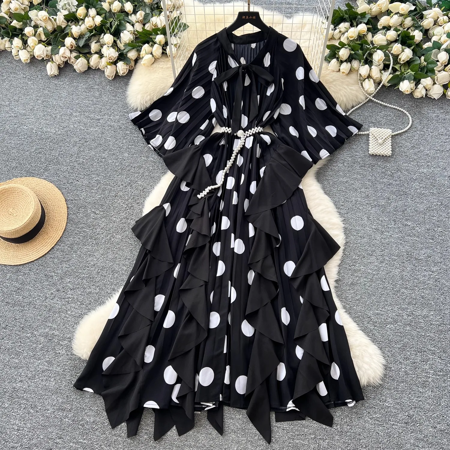 Summer Miyake Irregular Pleated Dress Women's Bow Neck Batwing Sleeve Dot  Print Oversize Pearl Belt Lace Up Maxi Vestidos - AliExpress 200000345