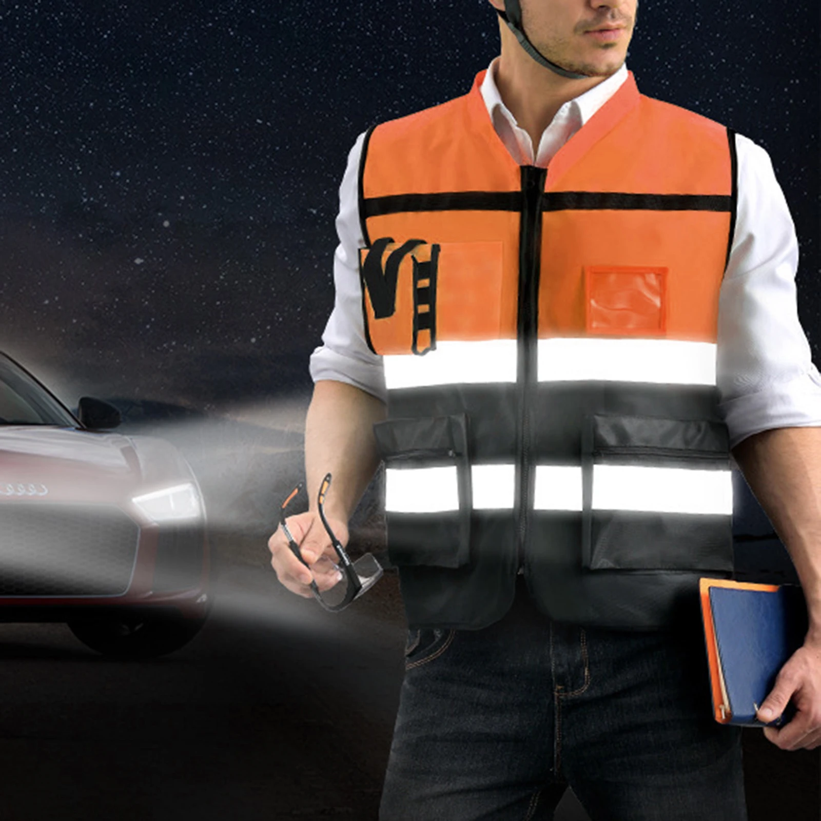 High Visibility Vest Pockets and Zipper Reflective Safety Vest Construction Vest for Night Work Cycling Warehouse Work Road