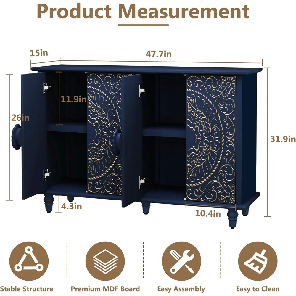 Sideboard Buffet Cabinet with Storage, 48 Vintage Decorative Accent Cabinet with Carved Flower Pattern, Wood Credenza with
