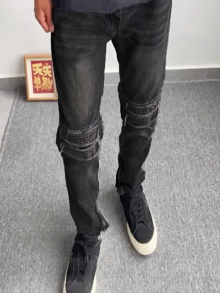 

Retro Washed Summer Men's Denim Jeans Patchwork Torn Straight Leg Zipper Casual Long Pants Youth Fashion Wear Resistant