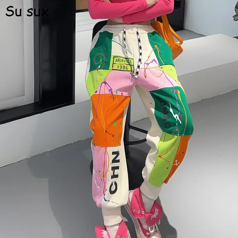 

Повседневные разноцветные лоскутные шаровары, женские спортивные штаны большого размера, японские корейские модные спортивные штаны, весна 2026, уличная одежда