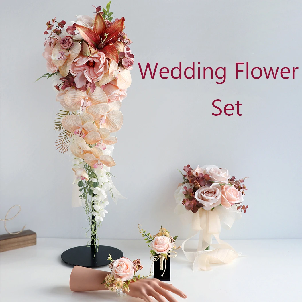 

YeeNanee Champagne Pink Wedding Bouquet for Bride Bridesmaid Silk Flowers Bouquet Casading Boutonniere Corsage Set Wedding Decor