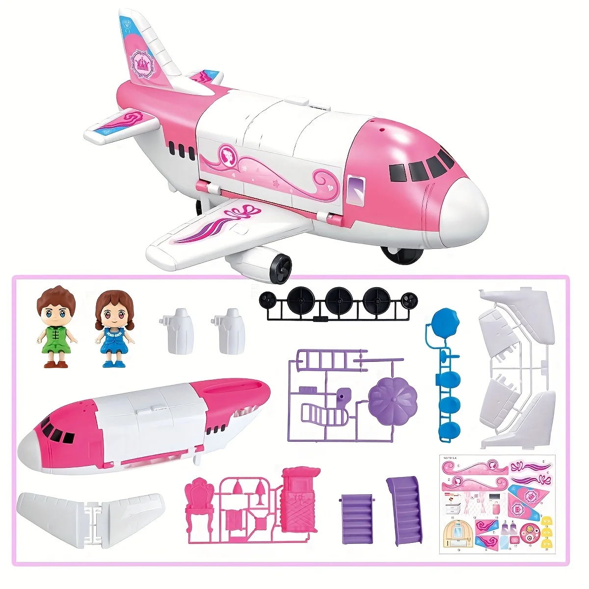 子供用ピンクプリンセス飛行機プレイセット1個、アクセサリー、家具、フィギュア付きのふり遊び飛行機おもちゃ