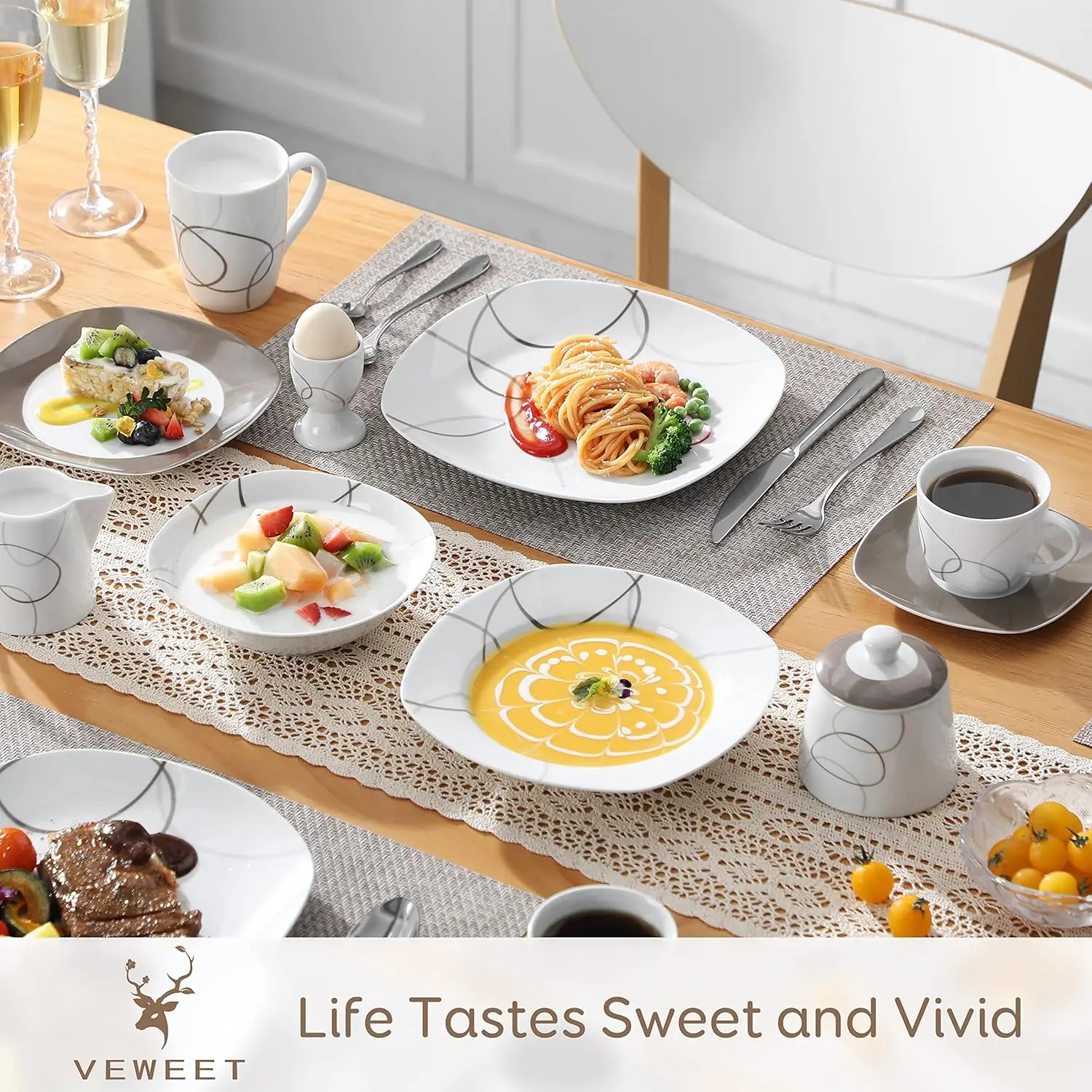 VEWEET, Series Nikita, 50-Piece Dinnerware Sets for 6, Including Porcelain Plates Sets, Bowls, Mugs, Egg Cups,Cup and Saucer Set