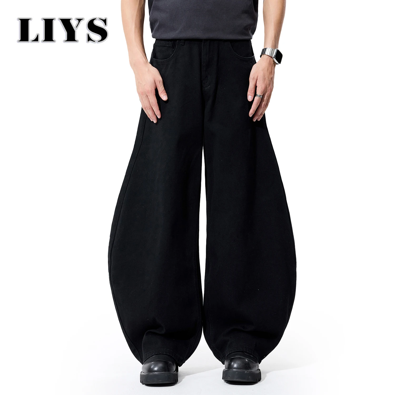 جينز رجالي لخريف 2025 باللون الرمادي والأسود فضفاض بأرجل واسعة سروال جينز أمريكي فضفاض على الطراز القوطي للرجال مصمم جينز Y2K من قماش الدنيم