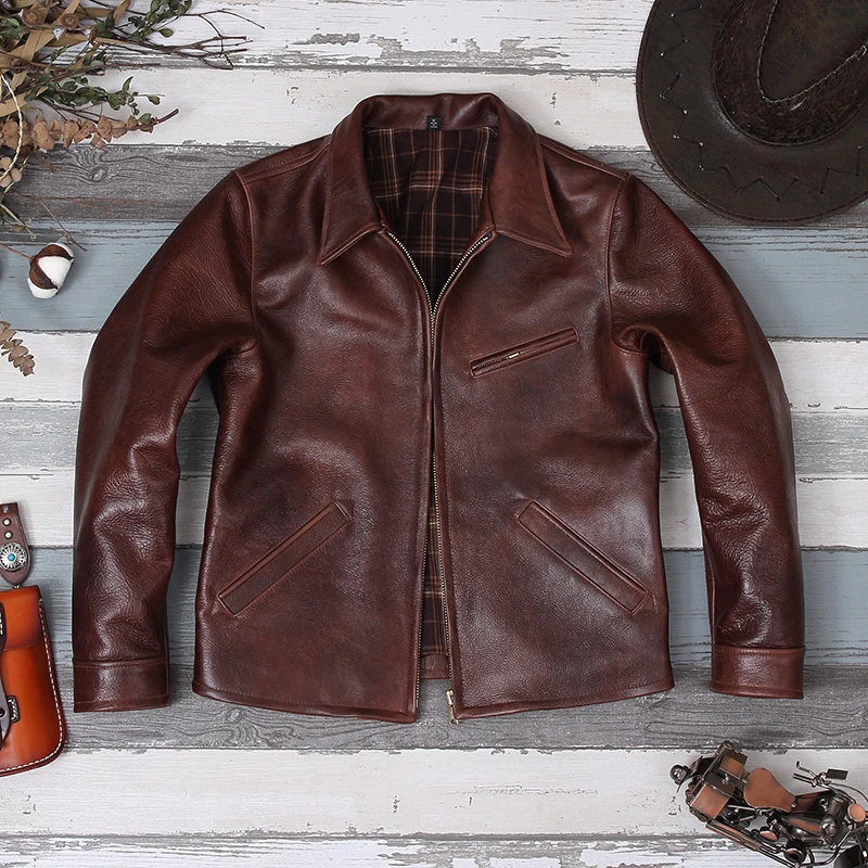 YR!Free shipping.Luxury Italian bull oil leather jacket.Brand quality Classic Rider real leather coat.Vintage thick Brown