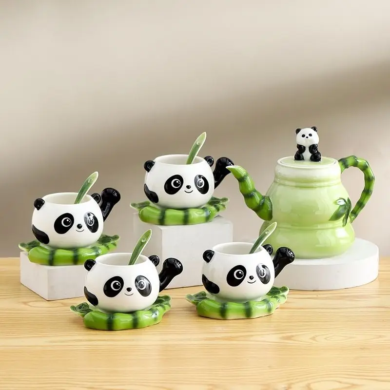 Panda Coffee Cups with Saucer Spoon Creative Ceramics Mugs Hot Breakfast Tea Milk Water Bottle 250ml Christmas Birthday Gift