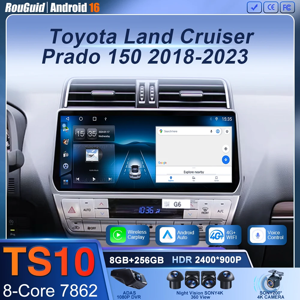 Autoradio Android 2 Din 12,3 pouces, lecteur DVD multimédia pour Toyota Land Cruiser Prado 150 2018-2023, navigation GPS, Carplay, unité centrale