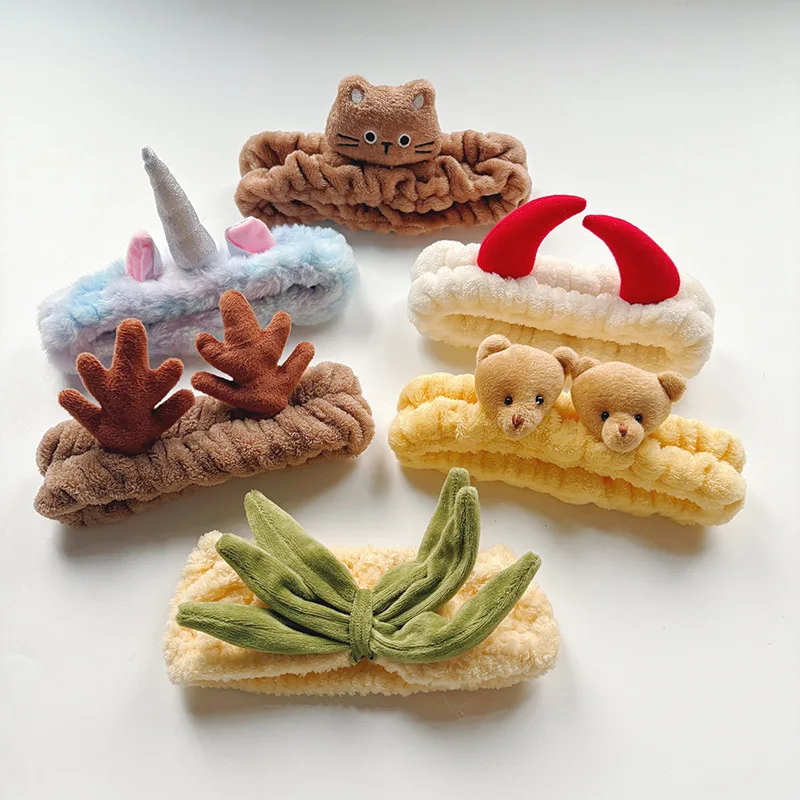 Diadema decorativa de peluche con cuerno para lavar la cara, toalla para el cabello