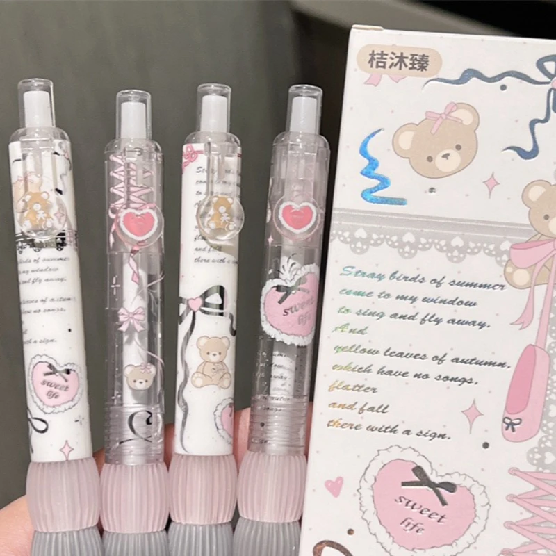 

4pcs/set Cute Bear Bean Soft Grip Gel Pen Aesthetic Quick-drying Black Pen for Students Exam Writing Pen with Ribbon Print