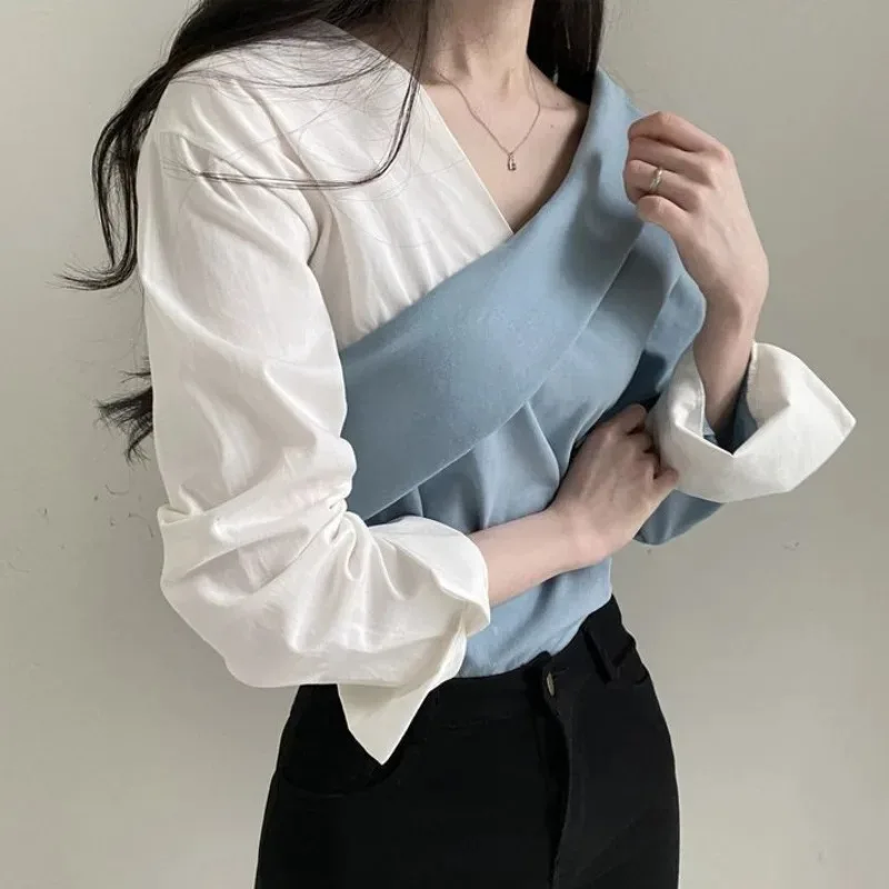 Women Blouse Panelled Vintage Temper Irregular Tops Casual Office Lady Ulzzang Fashion Spring Blusas De Mujer Daily Classic Chic