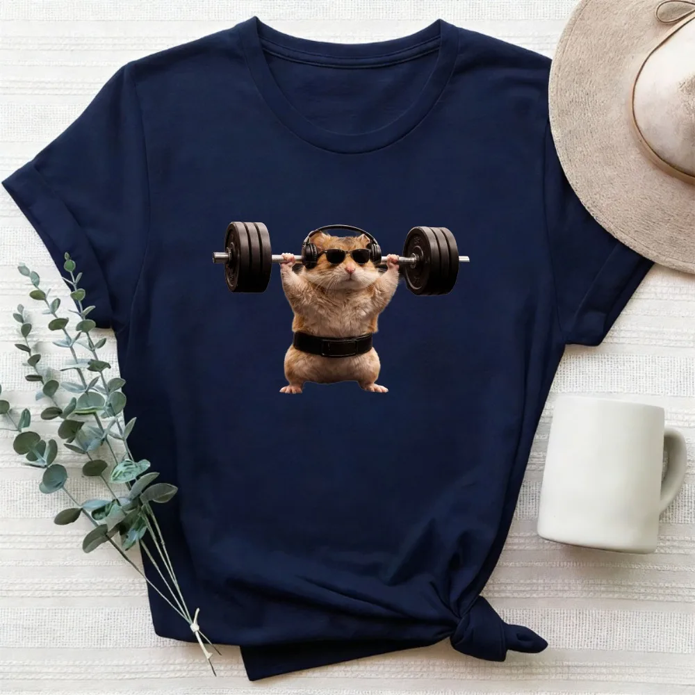 Cool Hamster with Sunglasses Headphone Lifting Barbell Graphic Print Cotton T Shirt Funny Gym Fitness Animal Cartoon Casual Tees view 4