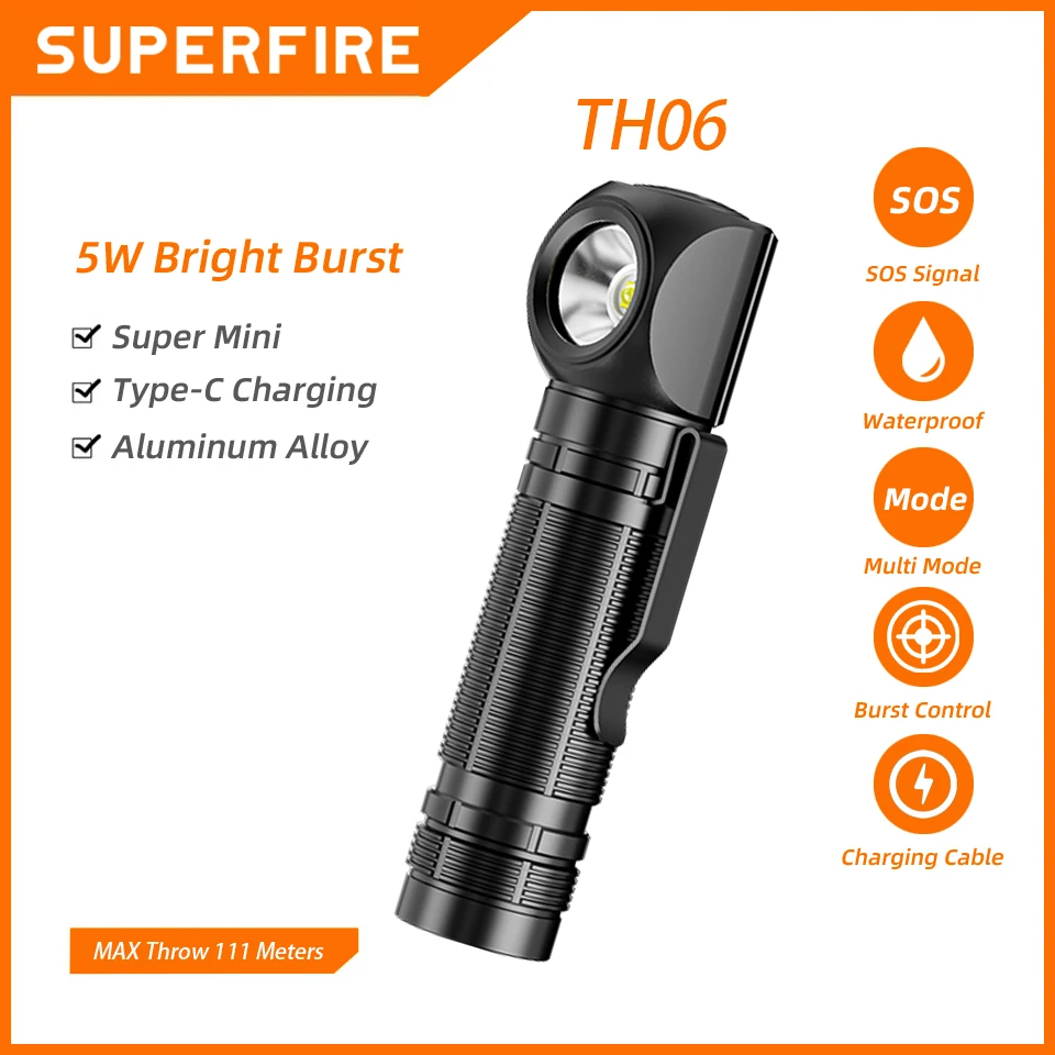 SUPERFIRE TH06 LED EDC Headlamp 18650 Type C Rechargeable Headlight 90° Flashlight with Magnet Tail Cap Fishing Camping Torch