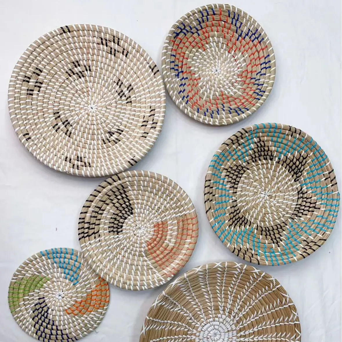 6pcs/set Boho Style Vietnamese Handmade Woven Decorative Plate Wall Art Decoration Crafts Wall Hanging Pendant Home Decor