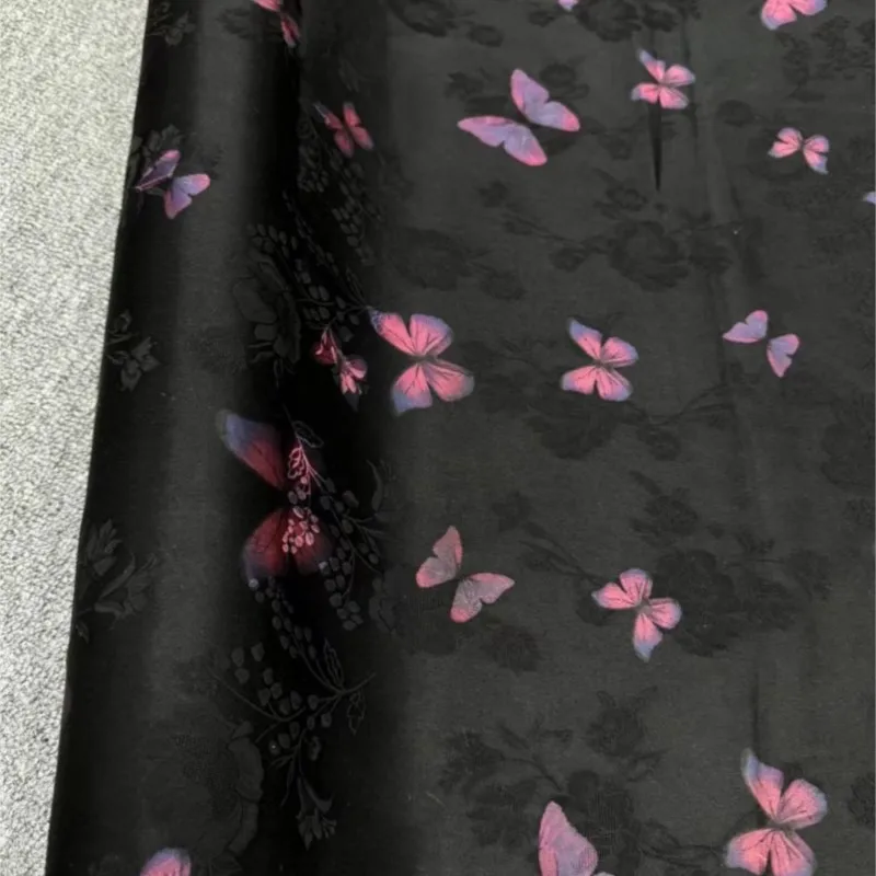 Black purple silk flower Luoxiang gauze cheongsam dress fabric summer casual fashion Chinese