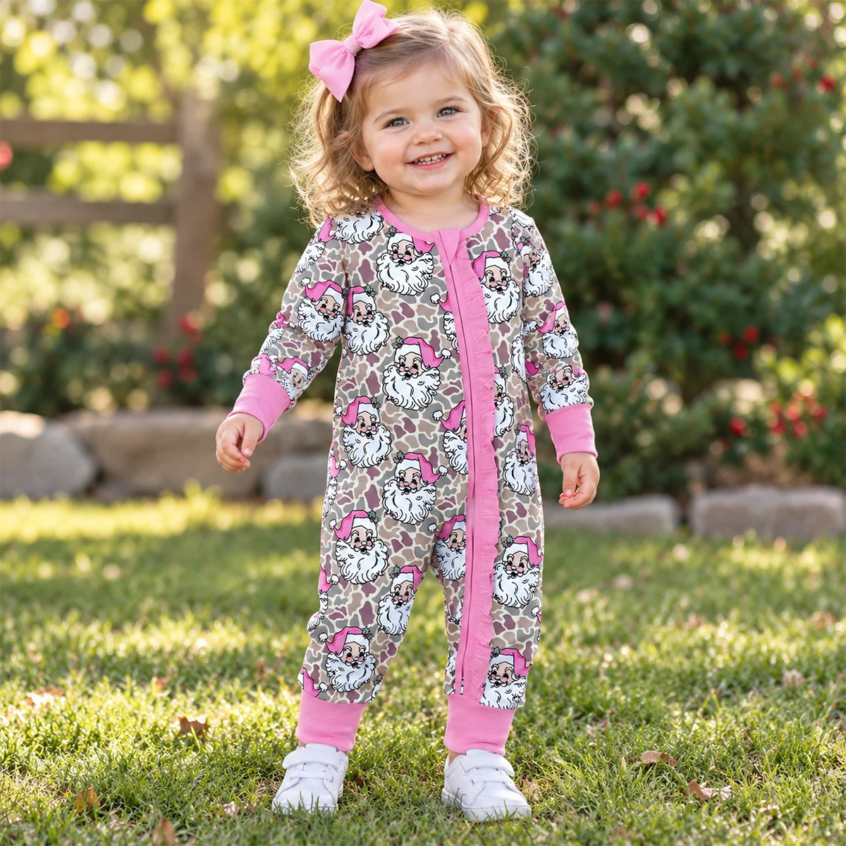 Newborn Bodysuit Baby Girl Khaki Camo Santa Christmas Two Way Ruffle Zipper Convertible Rompers