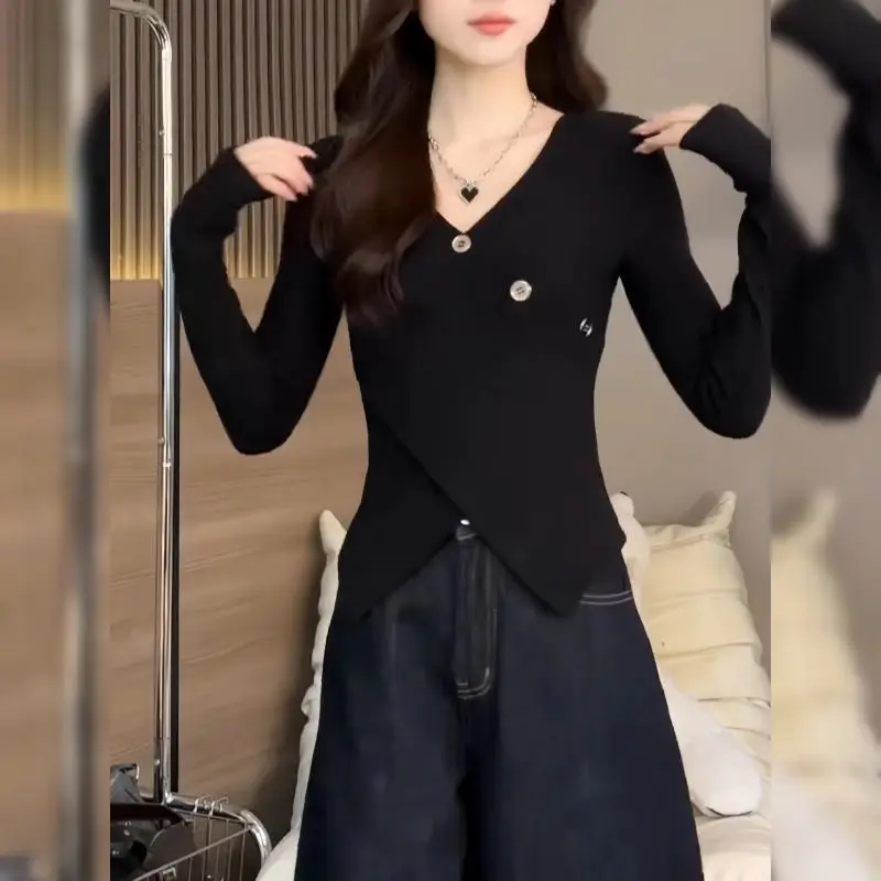 Sexy Pure Desire Fashion V-Neck Decorative Buttons Base Women's Autumn New Collection Waist-Cinching Slimming Long Sleeve Top