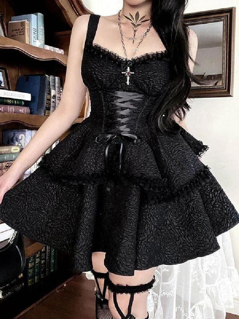 Gothic Texture Halloween Lace Halter Dress Waist Cinched Lolita Cake Skirt Short Sleeveless Spring Summer Casual Women's Dress