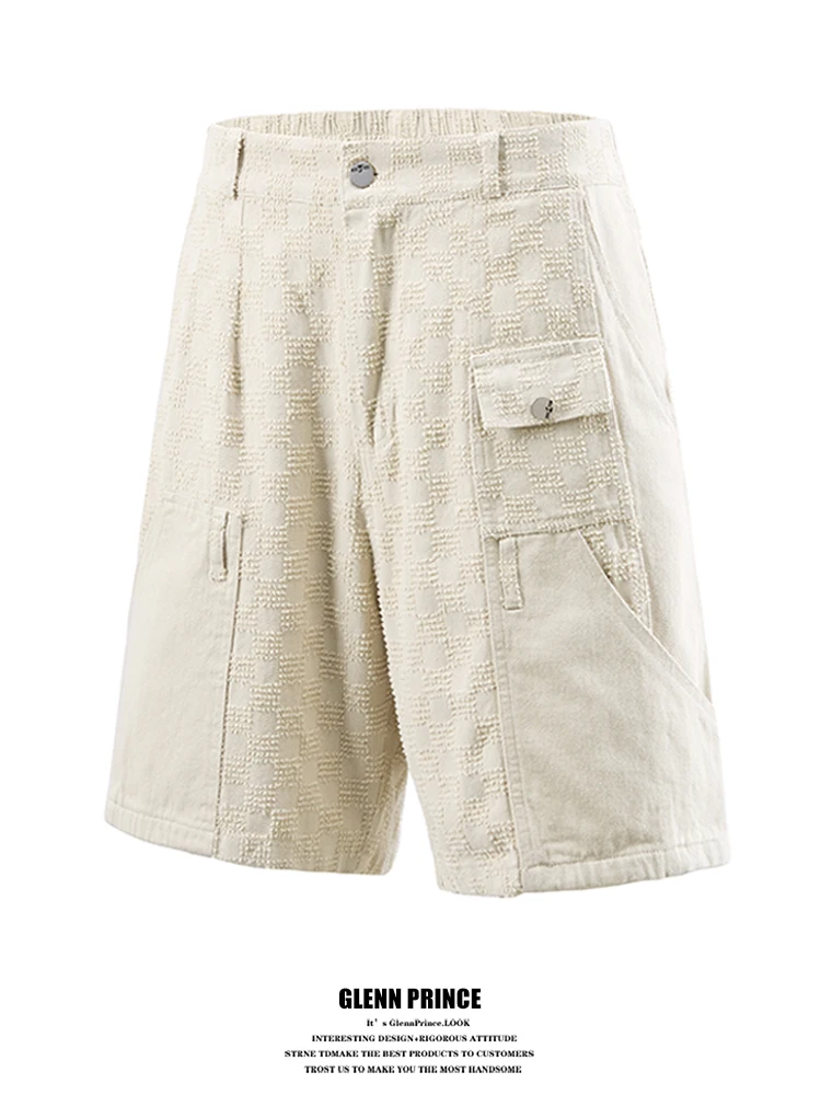 

GPstudio Trendy High Street Plaid Embroidery Shorts Men Summer Loose Straight Leg Five-Quarter Pants Casual Cotton Shorts