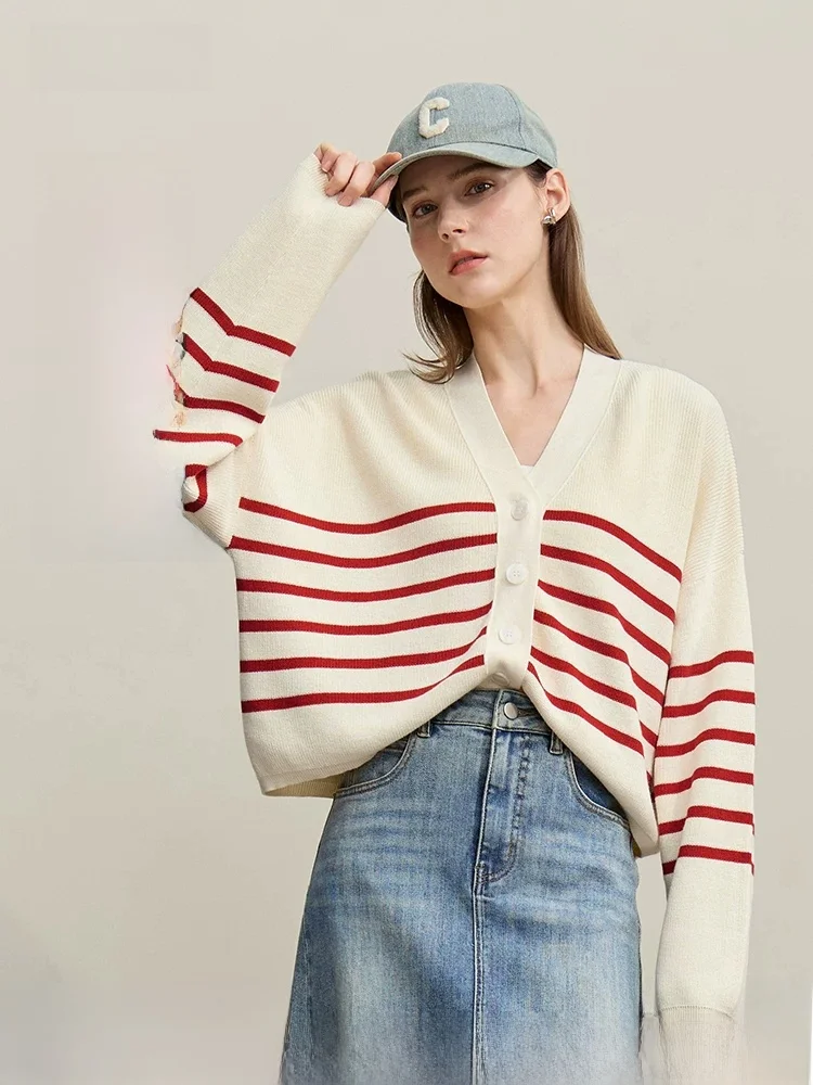 

Casual Cotton Knitted V-Neck Striped Open Cardigan Women's Shoulder-Drifting Sleeve Top Leisure Style Spring New Arrival