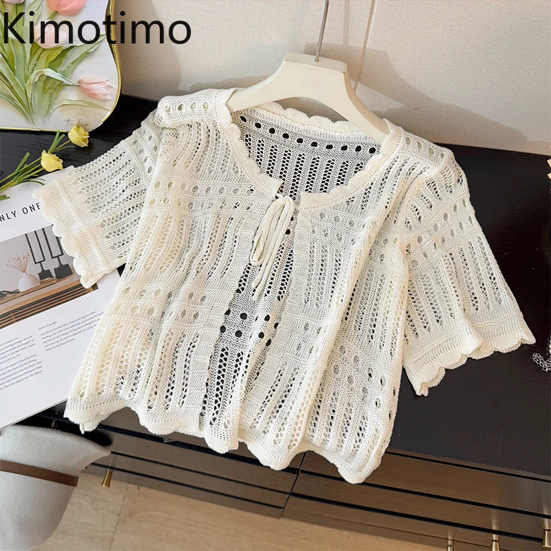 

Kimotimo, вязаный кардиган на шнуровке с полым крючком и цветком, женский 2021, летний тонкий укороченный топ с короткими рукавами, универсальный свитер с шалью, пальто