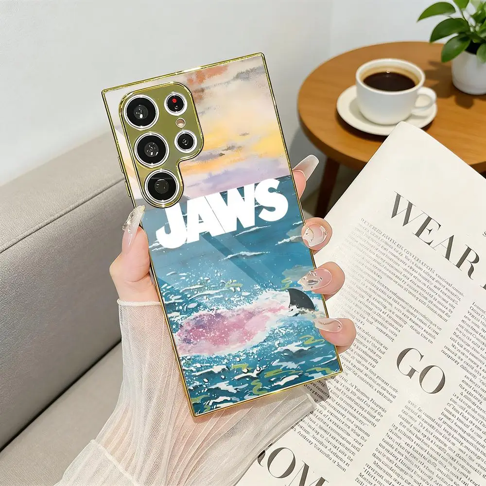 Classic Horror Movie J-jaws Phone Case Luxury Electroplated Metal Frame Case For Samsung Galaxy S25 S24 S23 Ultra