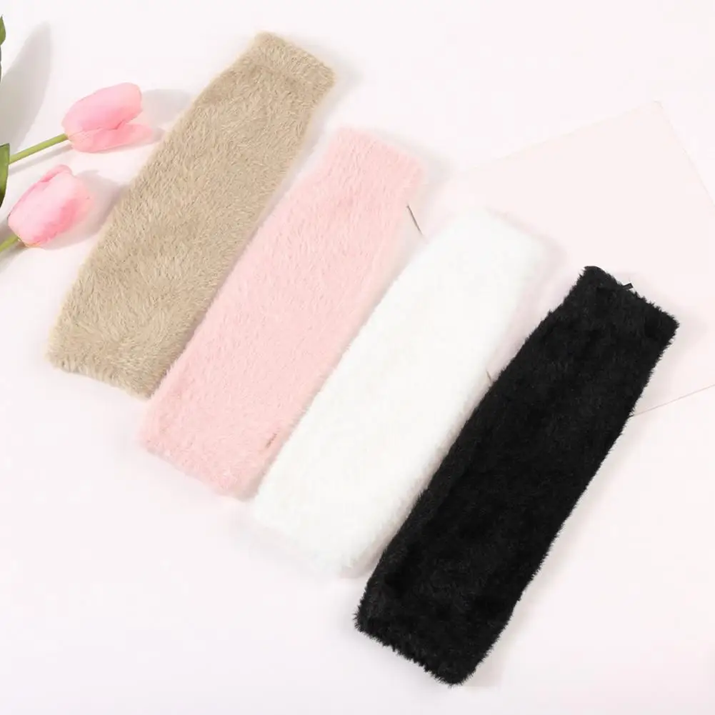Fleece Lined Mittens Knitted Faux Fur Arm Warmers for Fall Winter Cycling Non-slip Half Finger Gloves with High Elasticity