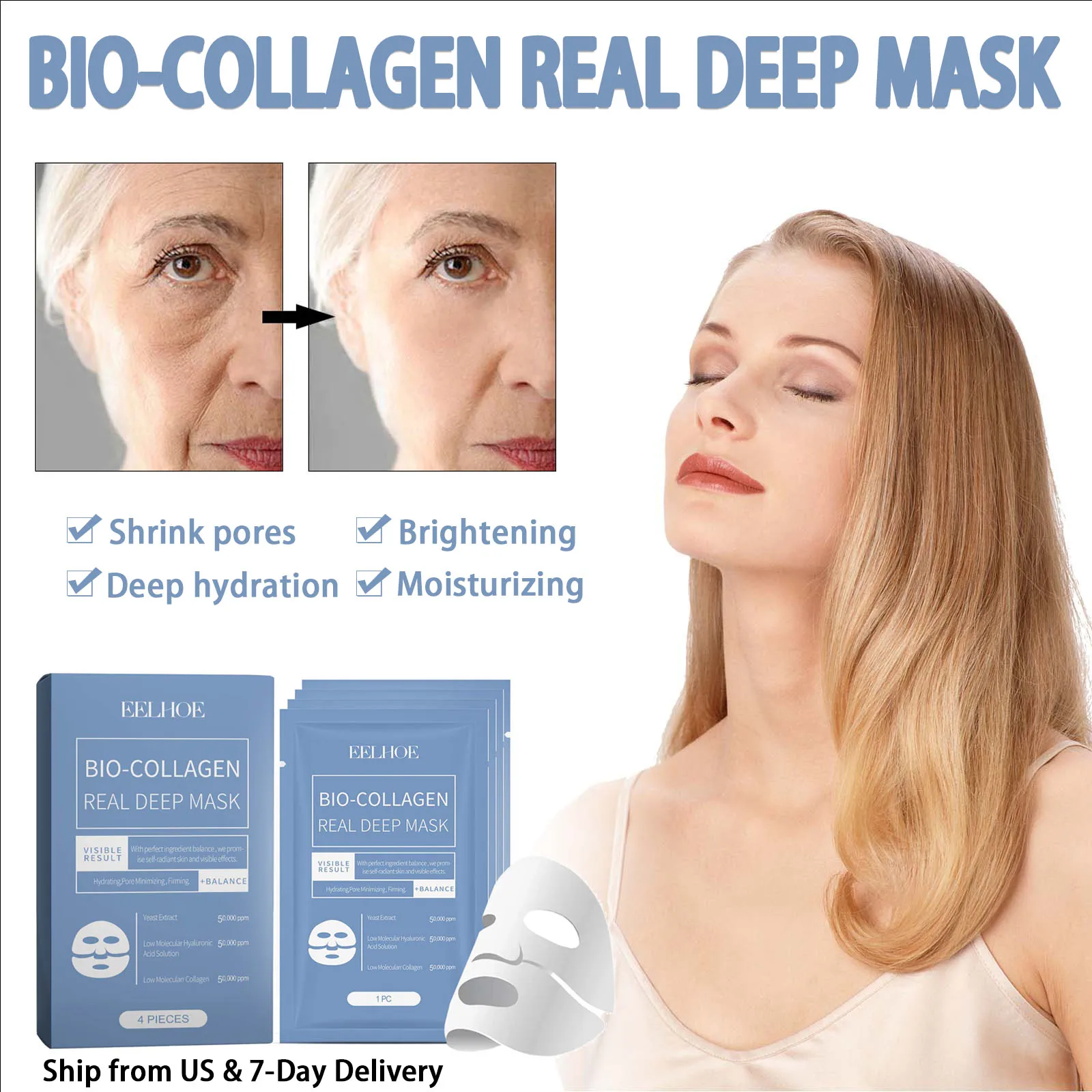 4PCS Collagen Facial Mask Containing Hyaluronic Acid,Fade Wrinkles Deep Hydrating Brightening And Moisturizing Facial Mask