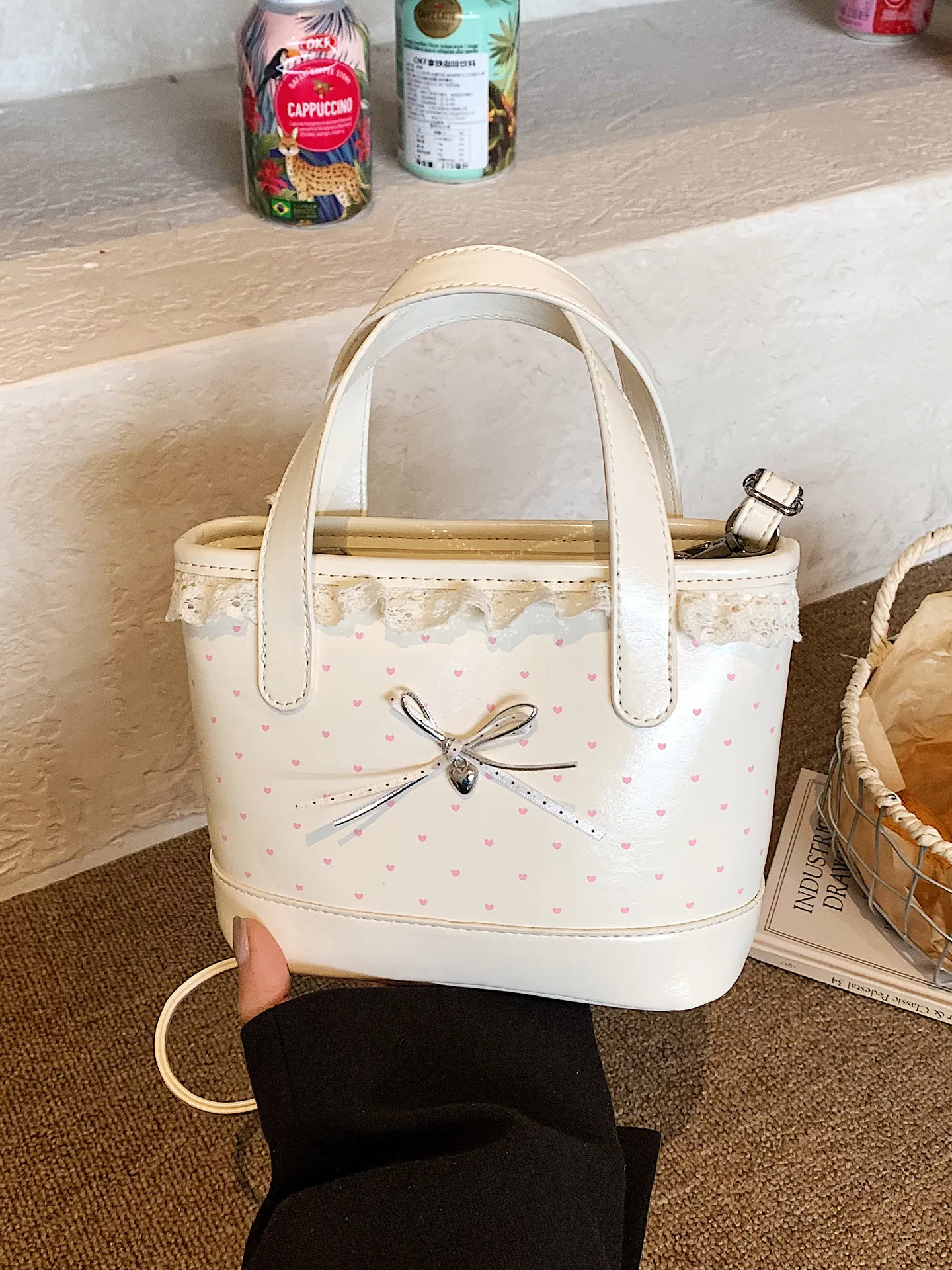 Korean Sweet Lace Spliced Bowknot Messenger Bags Women's Trendy Heart Print PU Leather Shoulder Bag Spring New Versatile Handbag