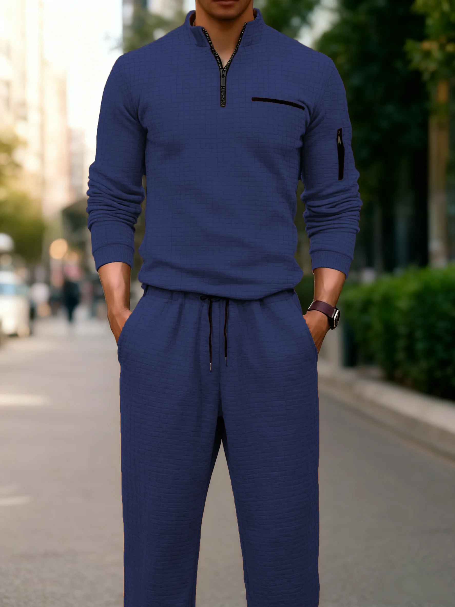 

New European-style men's spring-autumn checkered design solid-color suit with arm zippers and half-zippers for active wear