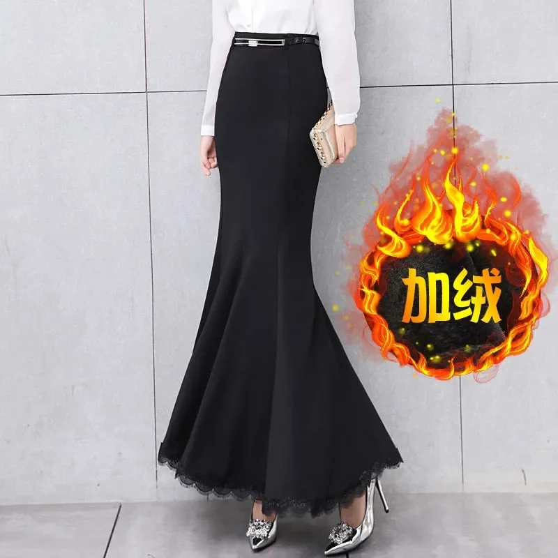 

Осенние женские модные однотонные длинные юбки-рыбки, французские женские новые юбки макси с высокой талией и кружевом, облегающие бедра.